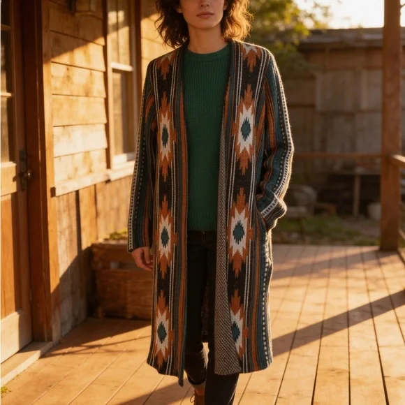 Open-Front Southwestern Pattern Long Cardigan Sweater - Teal, Rust, Cream - Picture 9 of 10